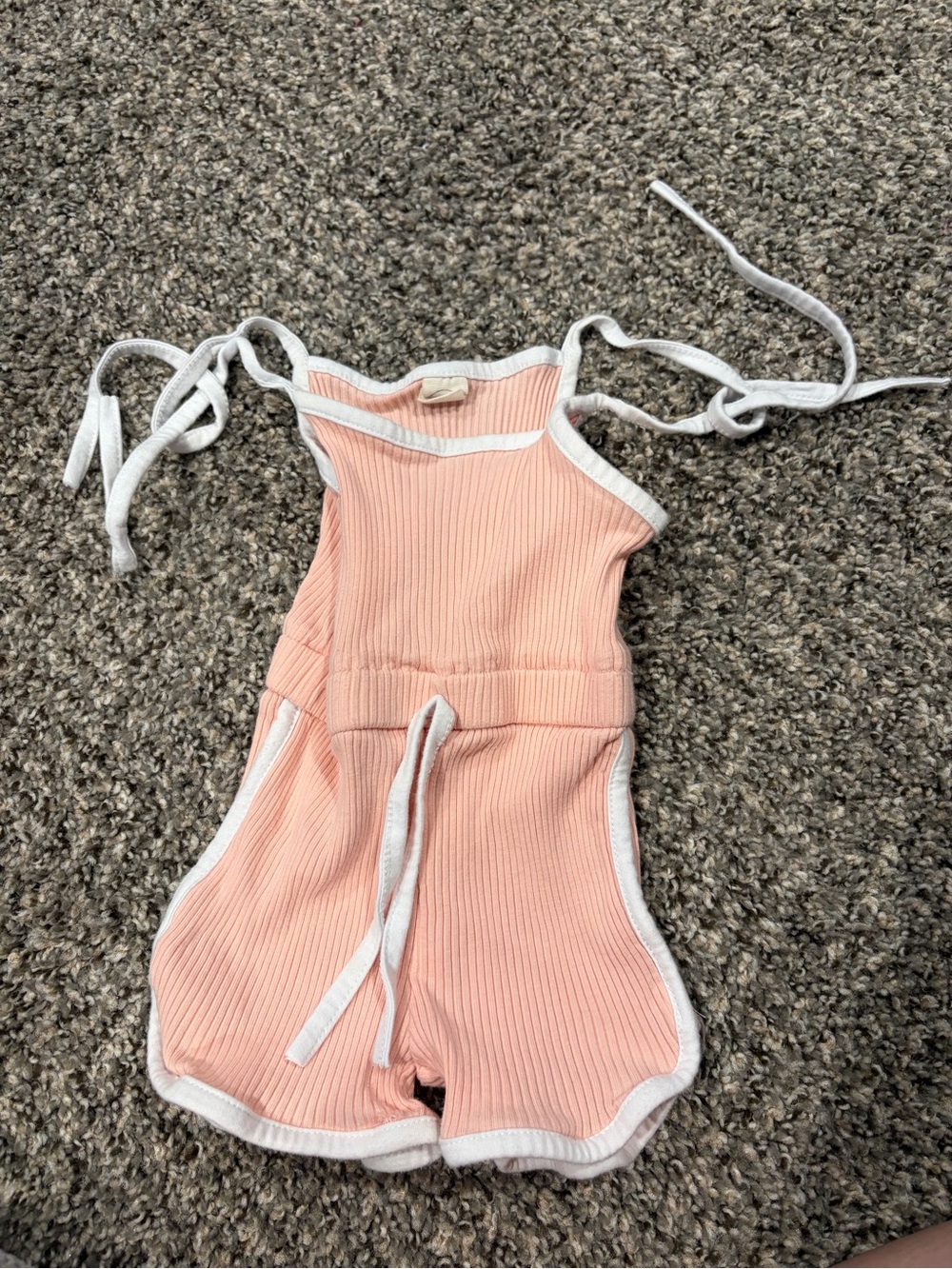 Peach Ribbed Tie-Strap Romper with White Trim